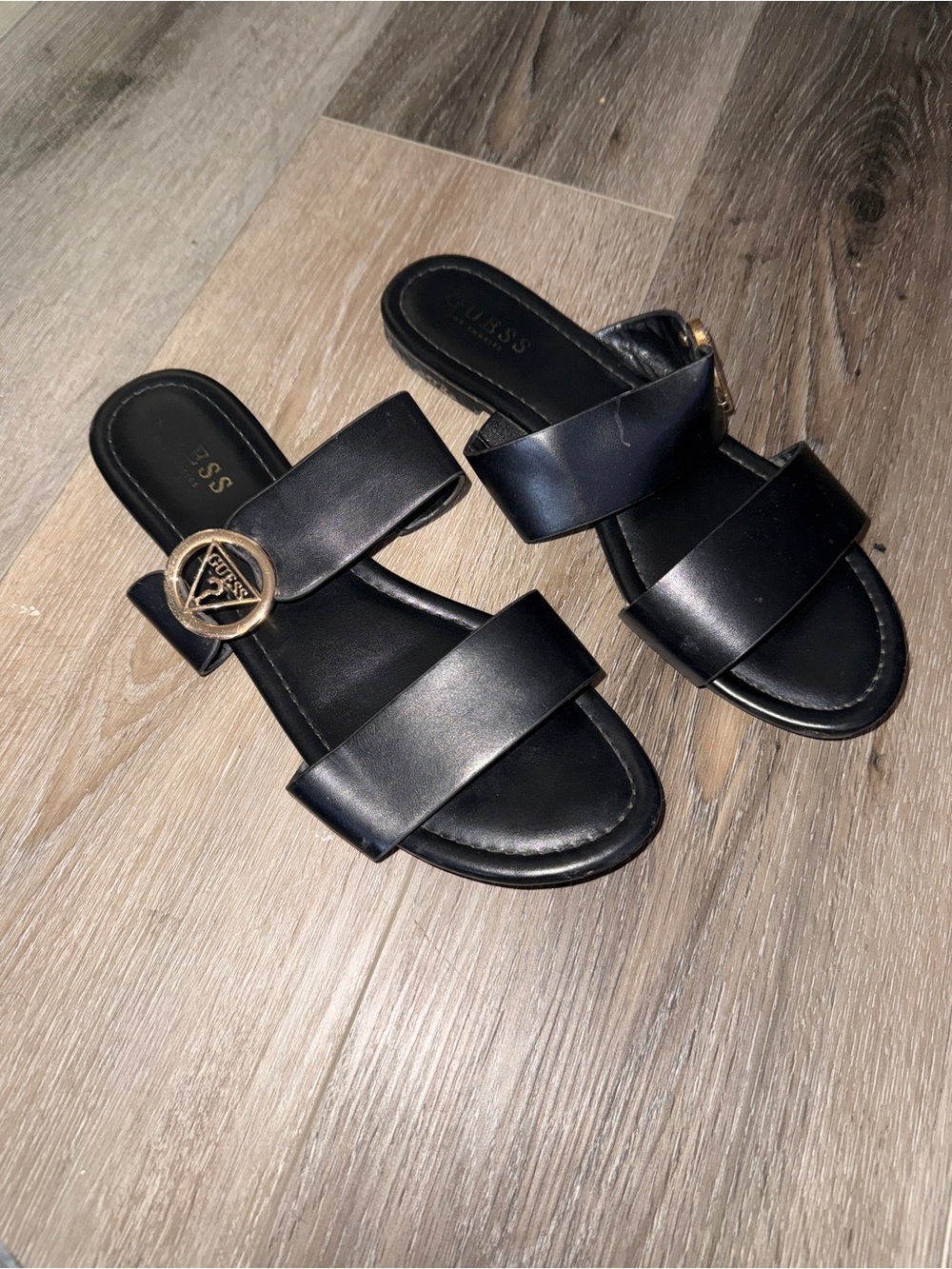 Guess Black Double-Strap Slide Sandals with Gold Logo Buckle
